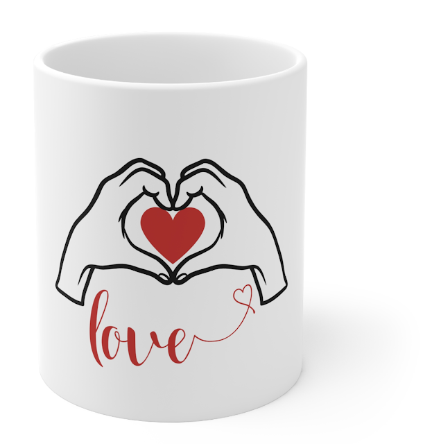 Valentine Ceramic Mug With Red Black Illustrated Valentine's Day With Hand Fingers and Text Love