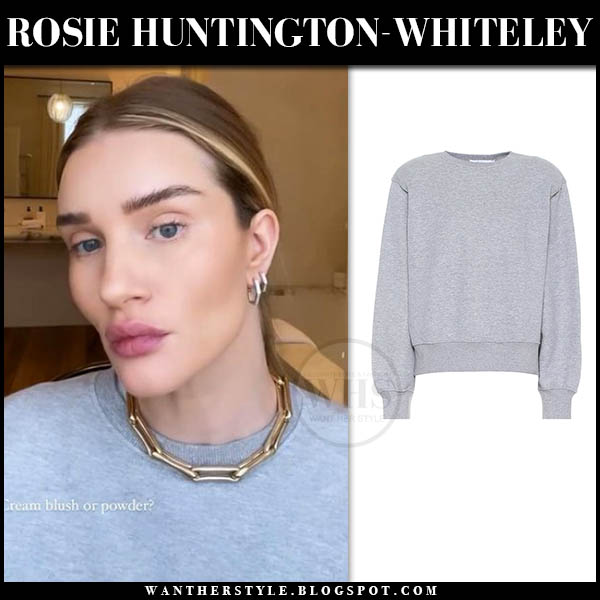 Rosie Huntington-Whiteley in grey sweatshirt