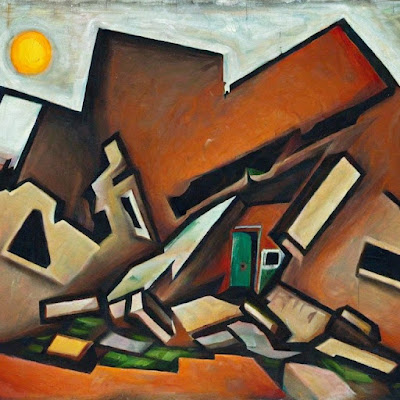 a cubist painting of a house in ruins after an earthquake, with predominantly brown colours