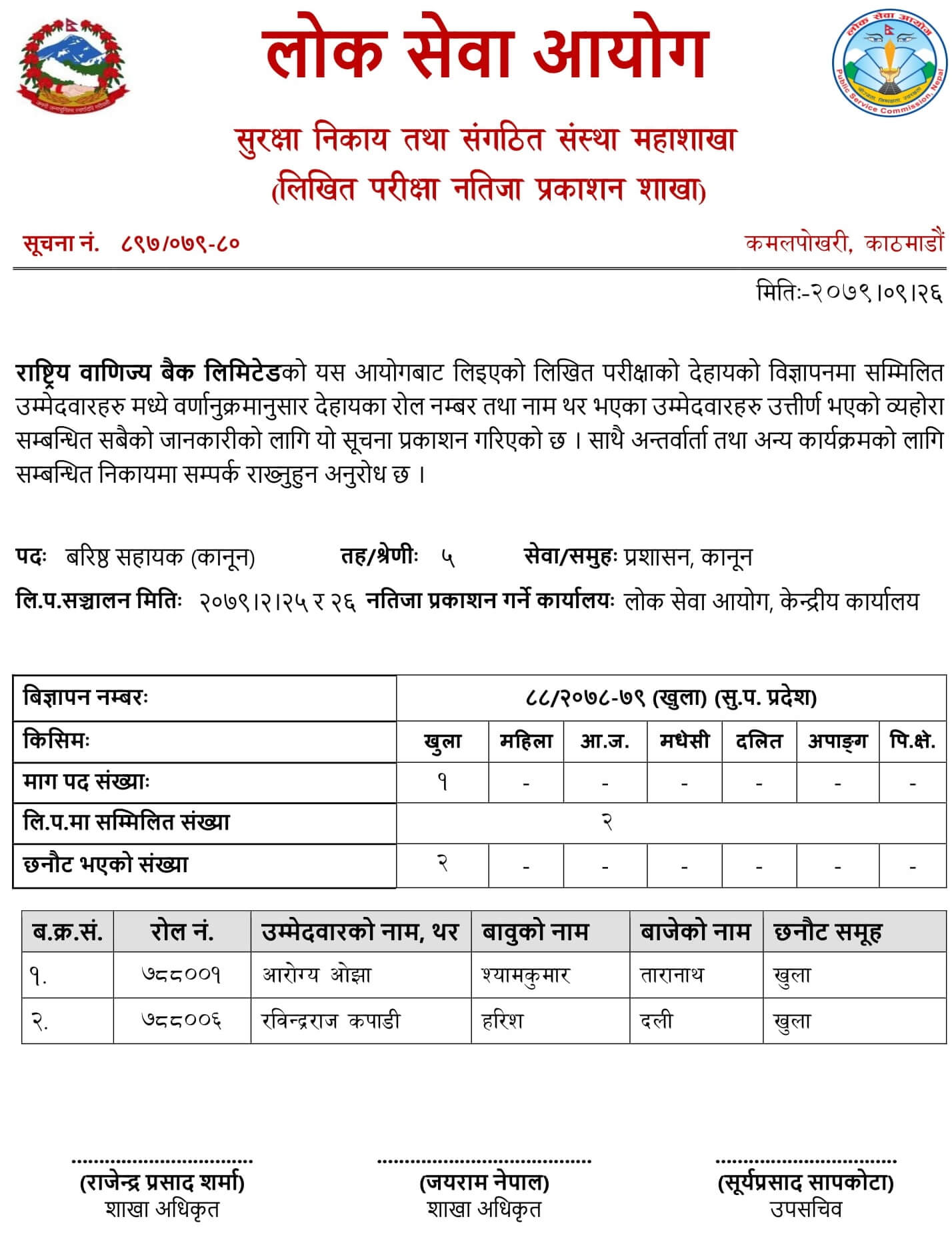 RBB Level 5 Senior Assistant (Legal) Exam Result