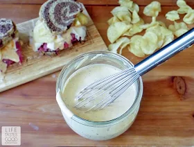 Homemade Russian Salad Dressing | by Life Tastes Good has a pleasantly sharp flavor that livens up a salad, but is most delicious on a sandwich or hamburger too. #RussianDressing #Sandwich