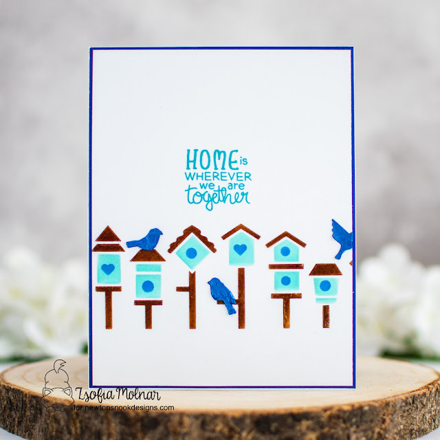 Birdhouse card by Zsofia Molnar | Birdhouse Line Stencil and Cozy Campers Stamp Set by Newton's Nook Designs