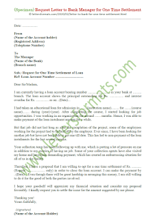 letter to bank manager for one time settlement