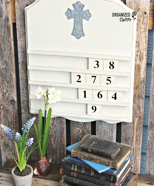 Goodwill Wooden Perpetual Calendar Repurposed As Farmhouse Style Wall Hymn Board #goodwill #thriftshopmakeover #Repurpose #upcycle #dixiebellepaint #Hymnboard