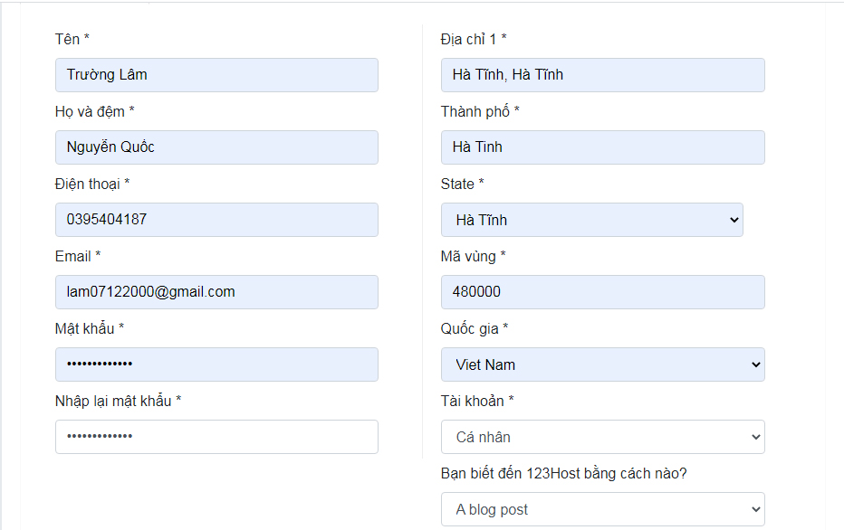 Điền thông tin đăng ký của các bạn vào 123host