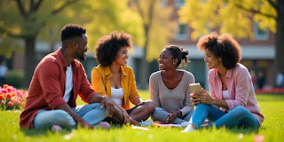 Vibrant college campus with students socializing."