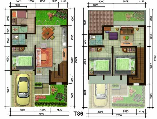 Desain Denah Rumah Minimalis 2 Lantai type 45
