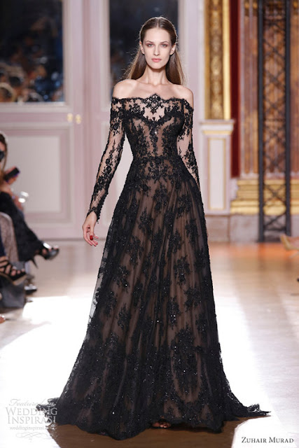 off-shoulder-long-sleeve-a-line-appliques-black-wedding-dress