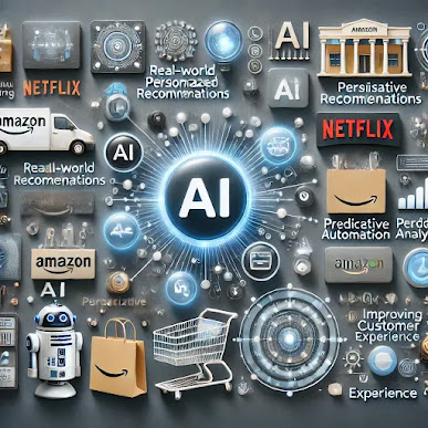 "An infographic showcasing AI applications by Amazon and Netflix, highlighting AI-driven personalized recommendations, predictive analytics, and automation. How Top Brands Like Amazon & Netflix Use AI for Personalized Experience, Bhavya Panchal
