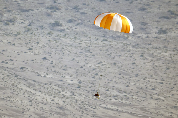 A full-scale training model of OSIRIS REx's sample return capsule is about to touch down at the Department of Defense's Utah Test and Training Range...on August 30, 2023.