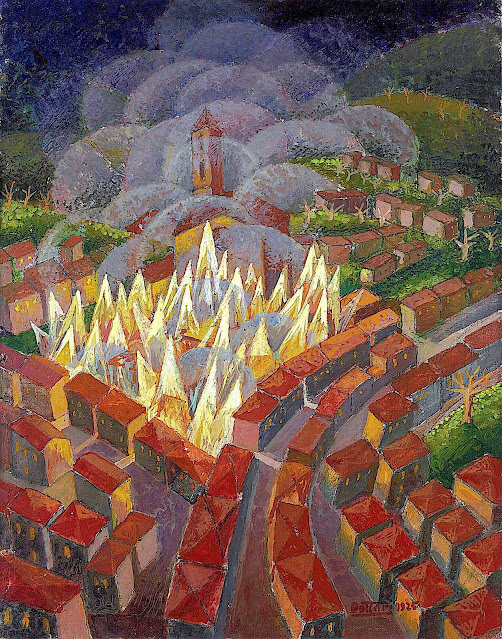 Gerardo Dottori art, a fire in a city at night from an aerial view