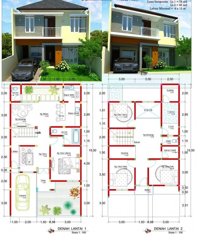 14 contoh gambar denah  rumah  minimalis 2  lantai  3D ukuran 