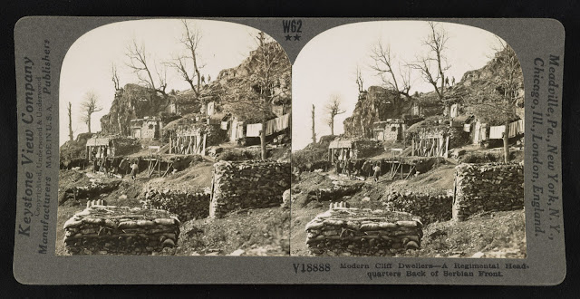 Modern cliff dwellers. A regimental headquarters back of Serbian front - Stereograph Card