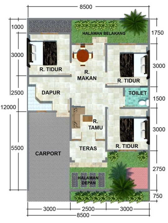 Info Terpopuler 23+ Denah Rumah Ukuran 8x12 3 Kamar Tidur