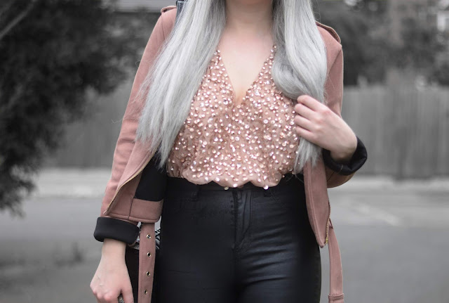 Sammi Jackson - Primark Black Fedora / Zaful Sunglasses / Primark Pink Suede Jacket / ASOS Sequin Bodysuit / Topshop Satin Jeans / Boy Chanel Bag / Office Chunky Ankle Boots