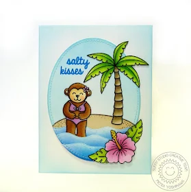 Sunny Studio: Island Getaway Monkey Card by Mendi Yoshikawa (+ Wavy Borders dies & Tropical Paradise stamps)