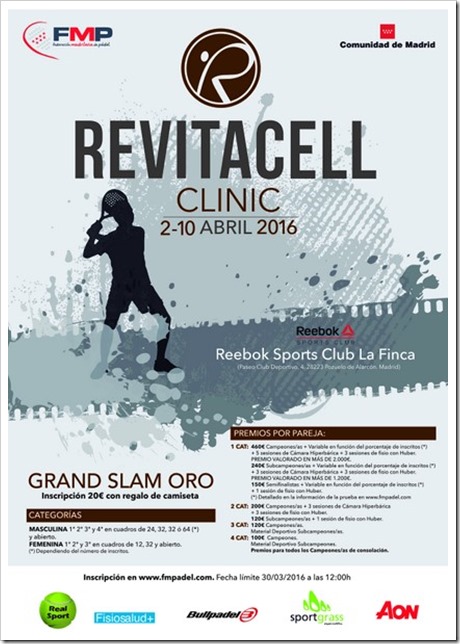 Comienza la cuenta atrás para el Grand Slam Oro Revitacell Clinic FMP en Reebok Sports Club La Finca del 2-10 Abril 2016.