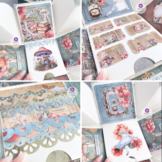 Scrapbook.com white explosion box decorated with Prima Marketing's Return to Wonderland papers, flowers, moulds, ephemera and stickers.