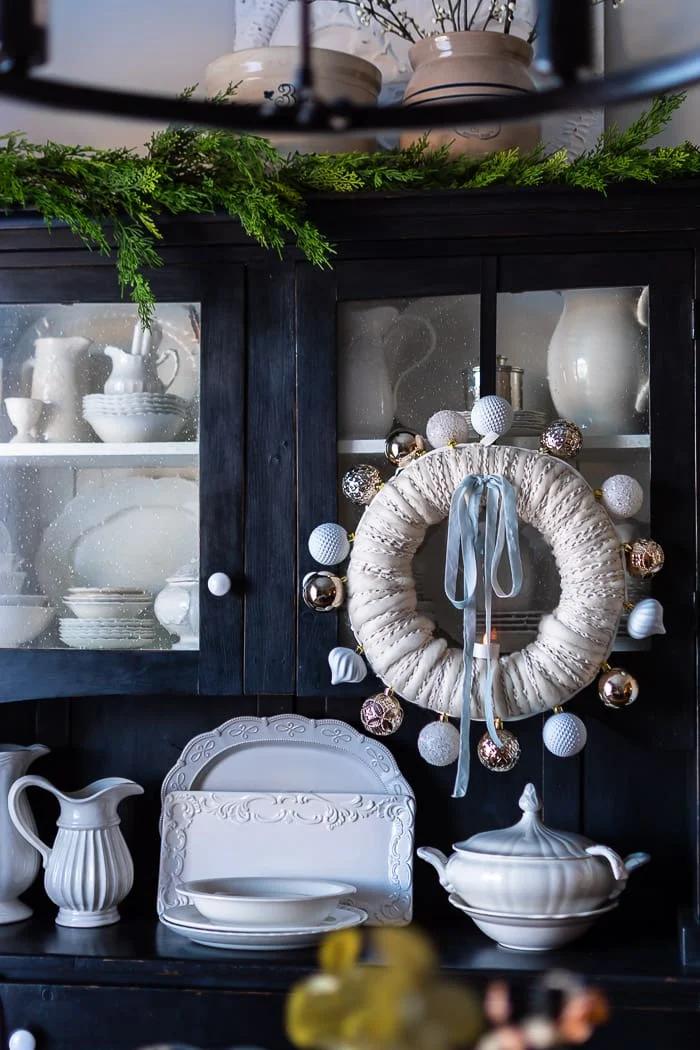 ornament wreath, china cabinet