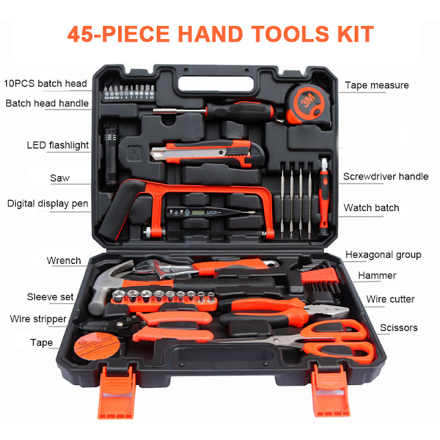 45Pcs Home Repair Maintain DIY Household Hand Tool Kit Wrench Screwdriver Hammer Mechanics Box