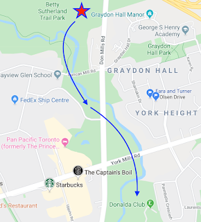 Map of hike from Betty Sutherland Park through Bayview Glen School to Donalda Golf course Toronto