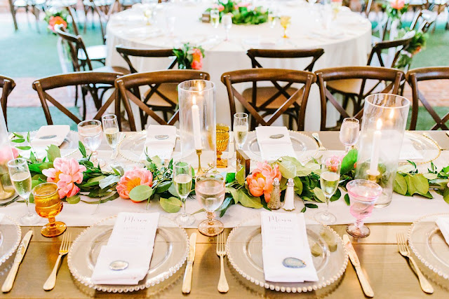 coral color reception table design