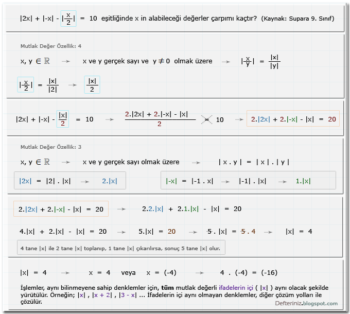 Mutlak değerli denklem » Örnek soru-3 » Özellikler (kaynak: Supara 9. sınıf).