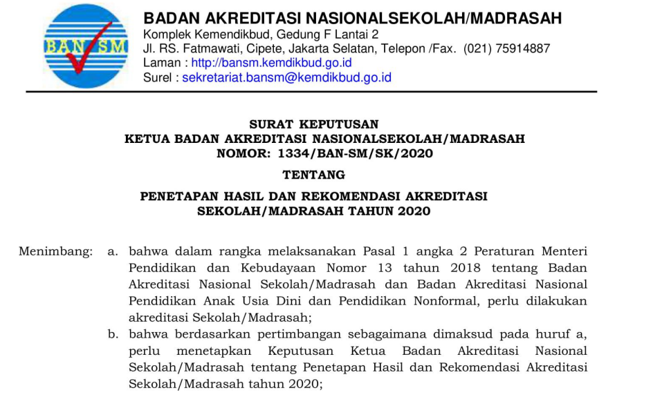 SK BAN S/M Tentang Penetapan Hasil Akreditasi SD/MI SMP/MTS SMA/MA/SMK Tahun 2020