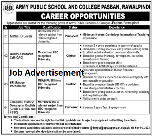 Army Public School Pasban Rawalpindi Jobs 2023 - News Latest Army Jobs 2023