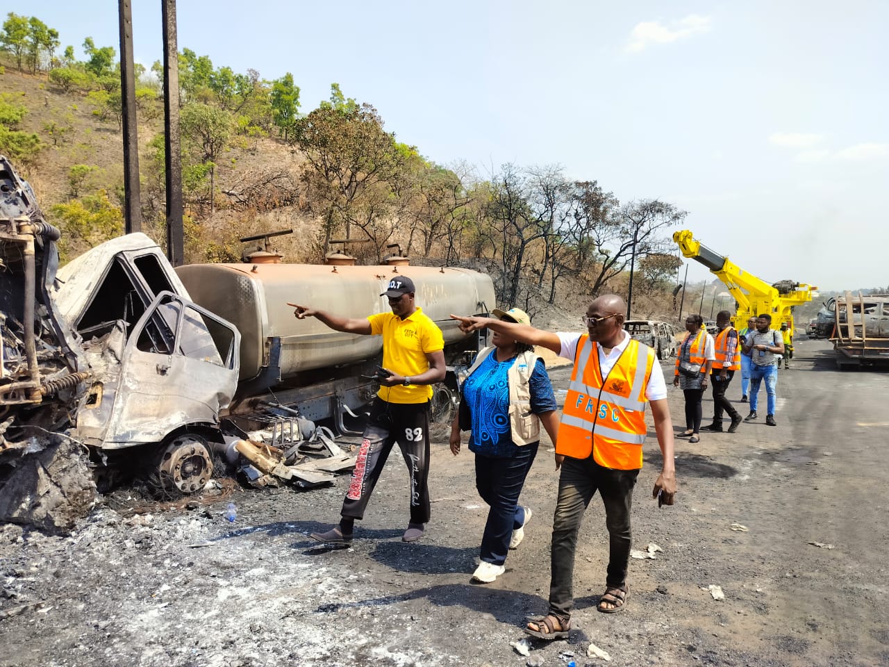 NEMA officials at the scene of the petrol tanker explosion in Enugu State