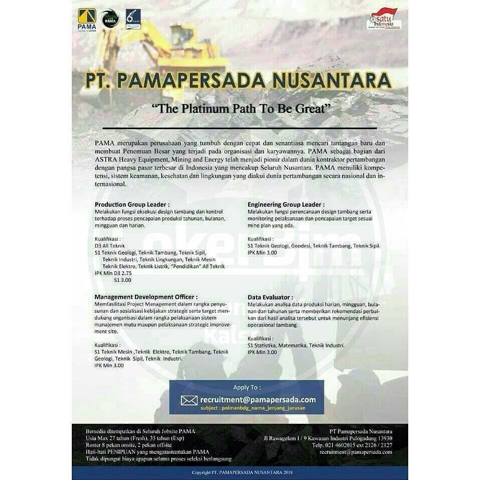 PT Pamapersada Nusantara - Recruitment For D3, S1 Fresh 