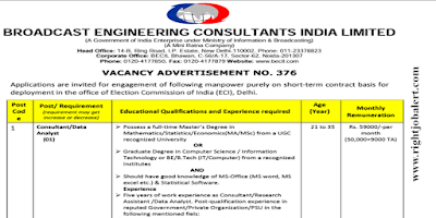Consultant or Data Analyst and Junior Consultant IT or Computer Science Engineering Jobs in Broadcast Engineering Consultant India Limited