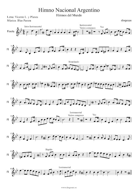 Partitura de Himno Nacional de Argentina para Flauta  Vicente López y Planes y Blas Perera Flute Sheet Music Himno Nacional Argentino. Para tocar con tu instrumento y la música original de la canción