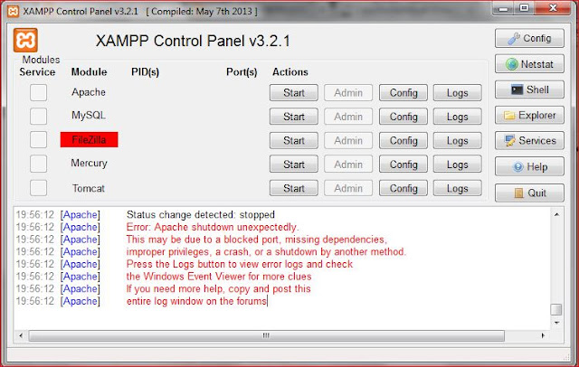 [Apache] Status change detected: stopped [Apache] Error: Apache shutdown unexpectedly. [Apache] This may be due to a blocked port, missing dependencies,  [Apache] improper privileges, a crash, or a shutdown by another method. [Apache] Press the Logs button to view error logs and check [Apache] the Windows Event Viewer for more clues [Apache] If you need more help, copy and post this [Apache] entire log window on the forums