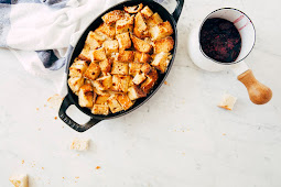 white chocolate bread pudding with blackberry orange compote