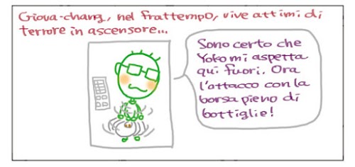 Giova-chang, nel frattempo, vive attimi di terrore in ascensore… Sono certo che Yoko mi aspetta qui fuori. Ora l`attacco co la borsa piena di bottiglie!