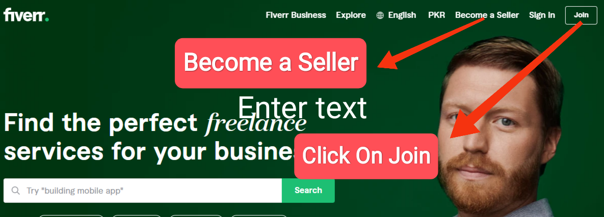 On the right side corner of the Fiverr application, you will see different "menus". You can also start the process of creating an account on Fiverr by clicking on "Join". But we will tell you how to create an account professionally. For this, you have to click on the "Become a Seller" account created with the "Join" button. Details are in the image below.