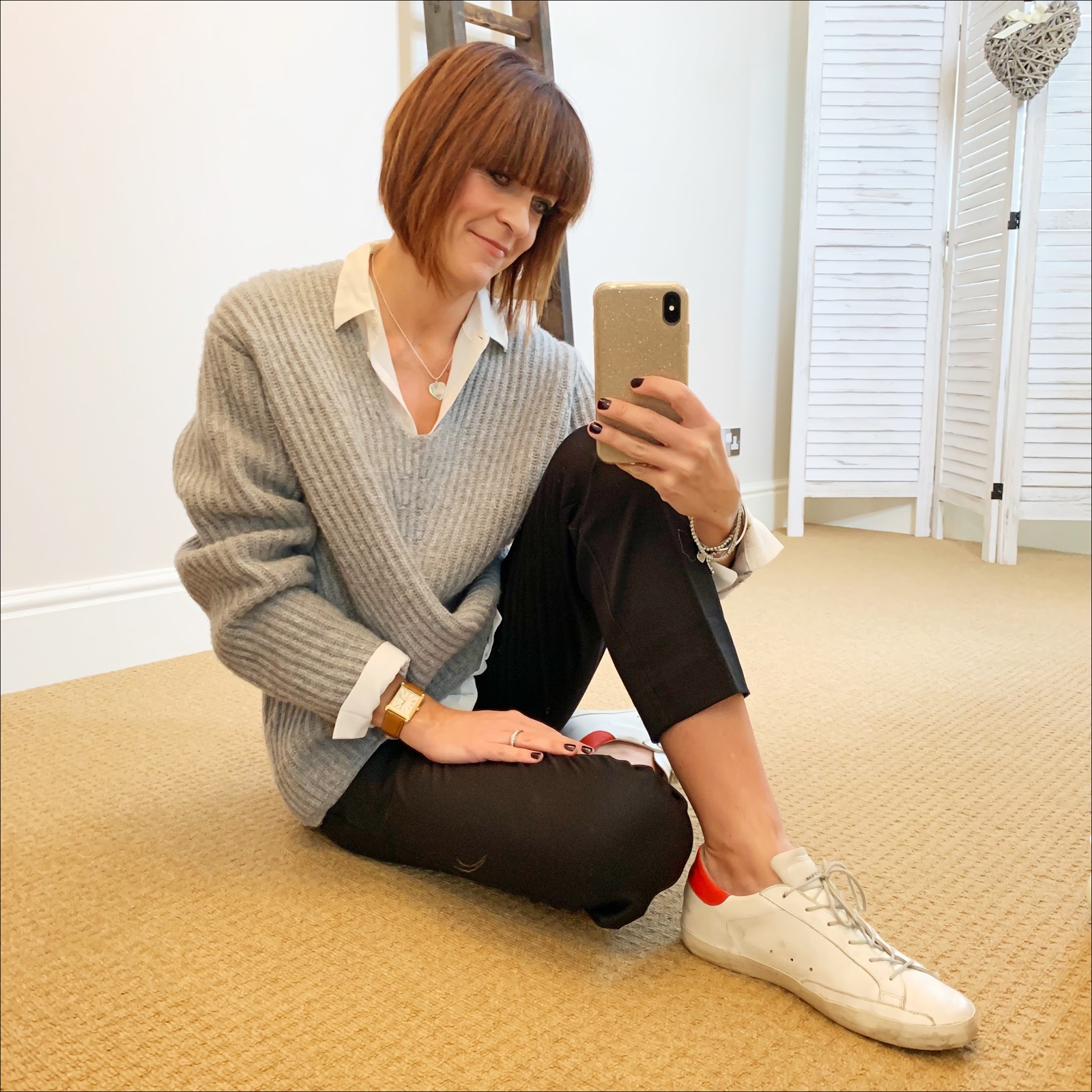 my midlife fashion, acne studios ribbed v neck jumper, hush courtney crop trousers, the white company silk shirt, golden goose superstar low top leather trainers