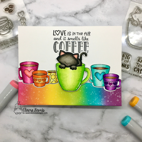 Love is in the air and it smells like coffee by Claire features Love Cafe and Newton's Mug by Newton's Nook Designs; #inkypaws, #newtonsnook, #catcards, #coffeelovers, #cardchallenge, #cardmaking