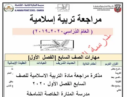 مذكرة مراجعة مادة التربية الاسلامية للصف السابع الفصل الأول 2020 مدرسة المنارة الخاصة الشامخة