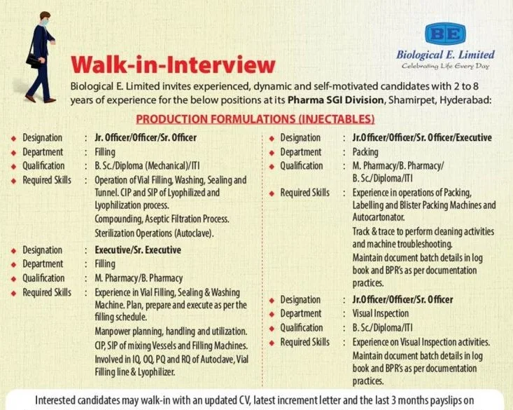 Biological E. Limited Pharma Company Recruitments for Multiple Openings ITI / Diploma / B.Sc. / B.Pharm / M.Pharm Candidates on 18th July’ 2021 at Hyderabad