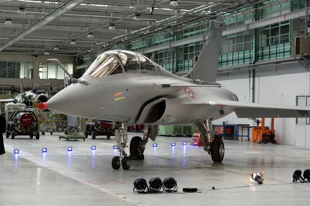 Image Attribute: Rafale with IAF Roundel at  Dassault Aviation's factory in Merignac.