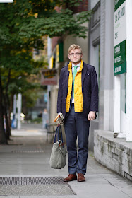 Brian McConkey Suit Supply Seattle Street Style Nordstrom Yellow Puffer Vest Umbrella