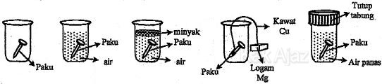 Percobaan korosi besi, paku dimasukkan dalam berbagi medium