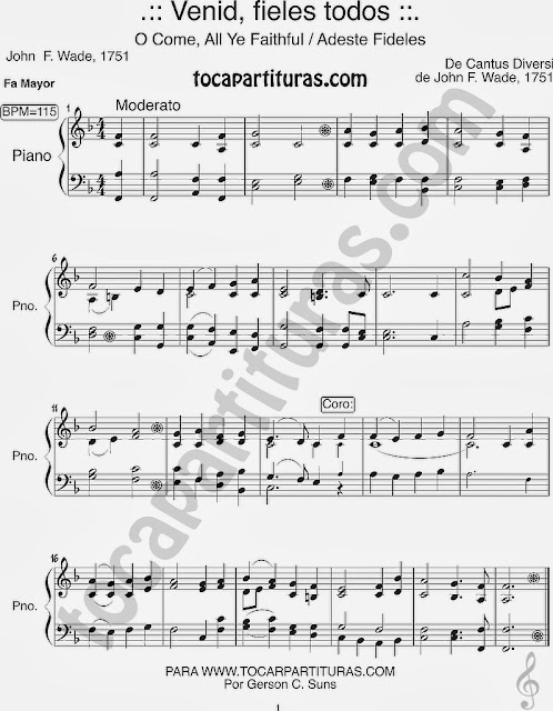 Partitura de Adeste Fideles para Piano en Fa Mayor Venid Fieles Sheet Music in F Carol Song - Villancico