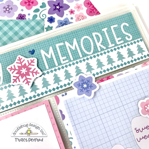 8x8 Winter scrapbook page layout with trees, flowers, and snowflakes