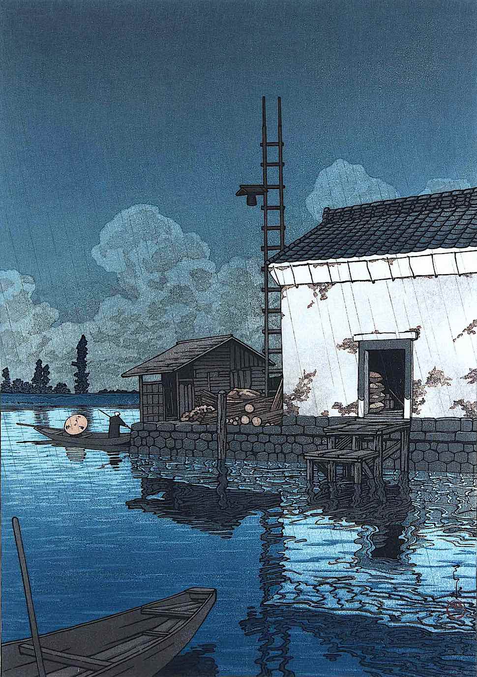 a Kawase Hasui print of a waterfront dock in the rain, in blue