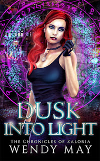 urban fantasy female protagonist, redhead stands against a colorful background with magical elements