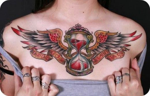 Hourglass Miami Ink Tattoos, Hourglass with Feather tattoos, Feather of hourglass tattoo designs, Tattoos with Feather of Hourglass, Women Chest designed with Hourglass Tattoos, Women, Parts,