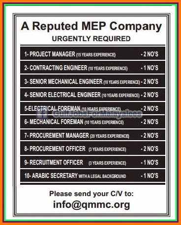 Reputed MEP Company Job Vacancies for Qatar